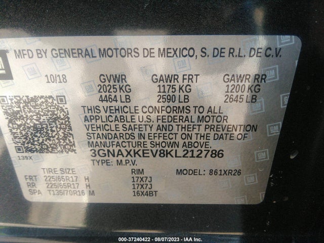 Chevrolet EQUINOX LT 2019 3GNAXKEV8KL212786 Image 9