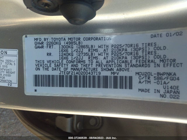 2002 TOYOTA HIGHLANDER VIN: JTEGF21A020043719