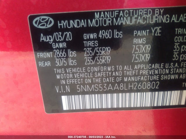 Hyundai Santa Fe Limited 2020 5NMS53AA8LH260802 Image 9