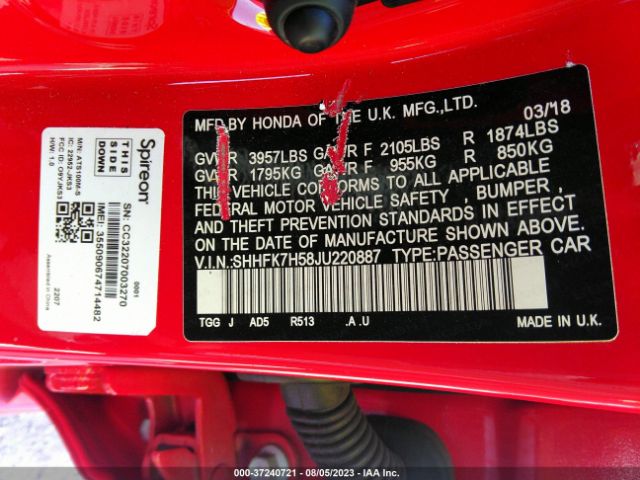 SHHFK7H58JU220887 Honda Civic Hatchback Ex