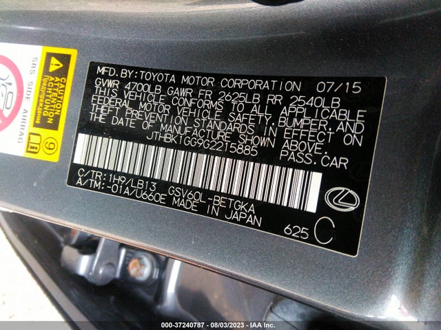 JTHBK1GG9G2215885 Lexus ES 350
