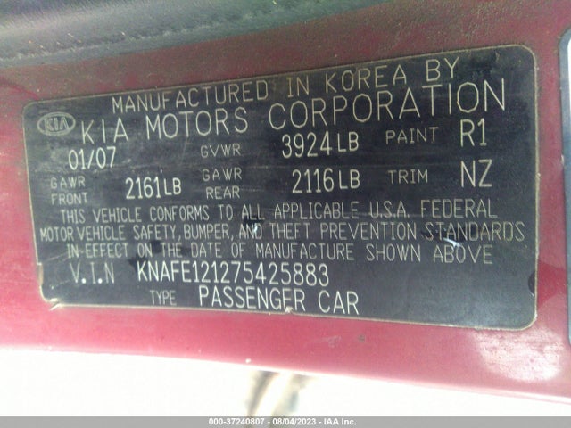 2007 KIA SPECTRA EX VIN: KNAFE121275425883