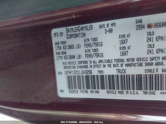 2001 DODGE RAM 1500 VIN: 1B7HF13Z31J243296