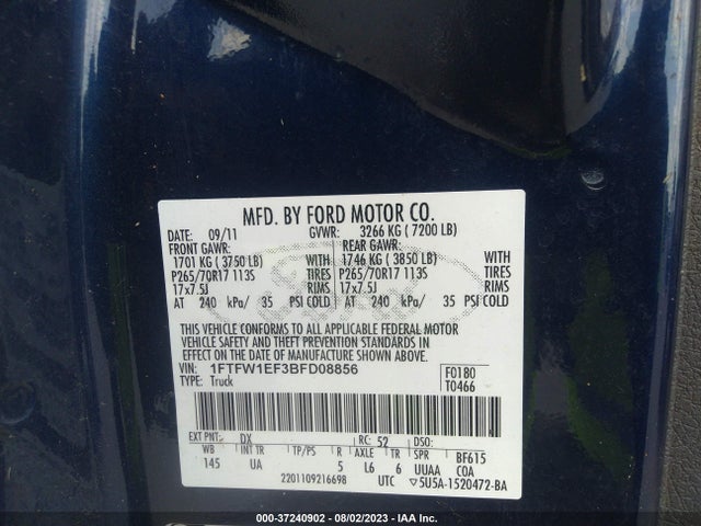 2011 FORD F-150 XL/XLT/FX4/LARIAT VIN: 1FTFW1EF3BFD08856