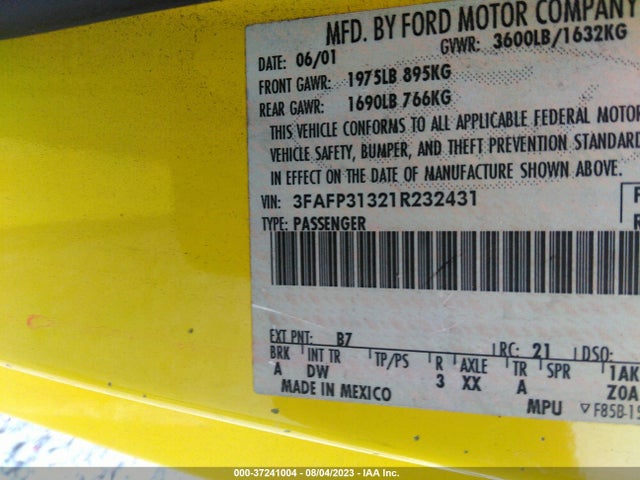 2001 FORD FOCUS ZX3 VIN: 3FAFP31321R232431