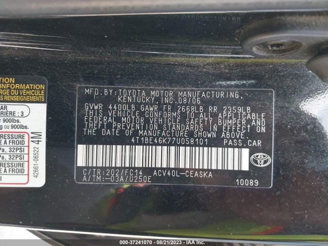 2007 Toyota Camry Se მანქანა იყიდება აუქციონზე, vin: 4T1BE46K77U058101, აუქციონის ნომერი: 37241070