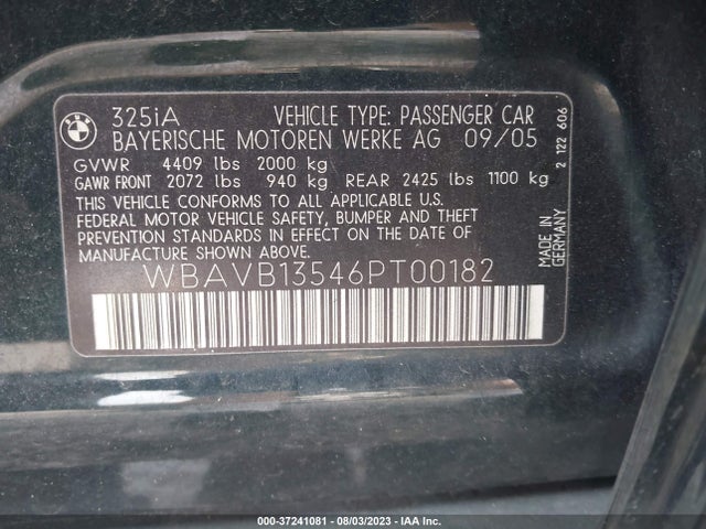 2006 BMW 3 SERIES 325I VIN: WBAVB13546PT00182