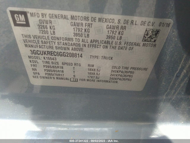 2016 CHEVROLET SILVERADO 1500 LT VIN: 3GCUKREC6GG208814