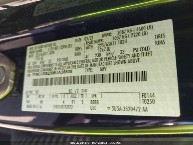 1FMCU0BZ9MUA38608 Ford Escape Se Hybrid