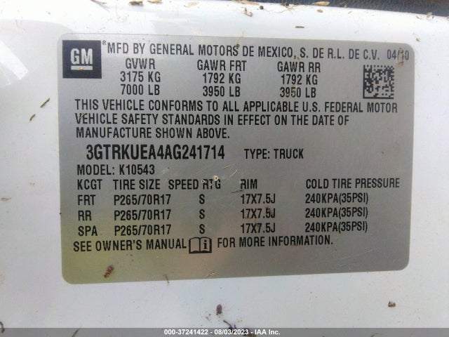 2010 Gmc Sierra 1500 Sl მანქანა იყიდება აუქციონზე, vin: 3GTRKUEA4AG241714, აუქციონის ნომერი: 37241422