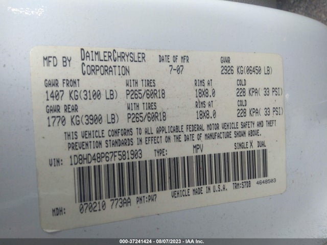 2007 DODGE DURANGO SLT VIN: 1D8HD48P67F581903