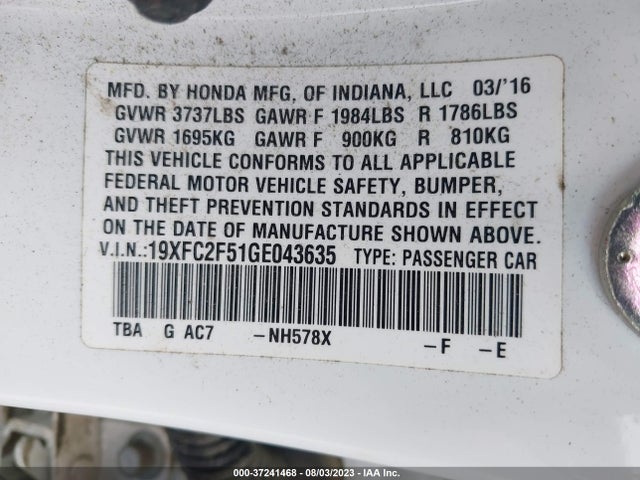 Honda Civic Sedan Lx 2016 19XFC2F51GE043635 Image 9
