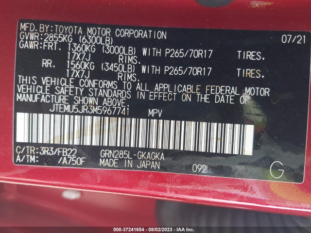 2021 TOYOTA 4RUNNER SR5 VIN: JTEMU5JR3M5967741