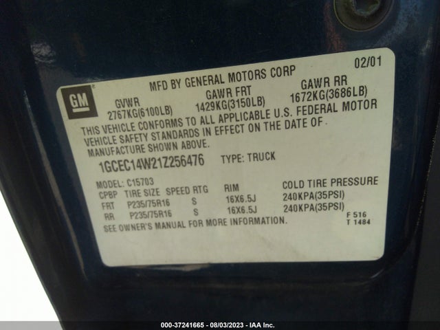 2001 CHEVROLET SILVERADO 1500 VIN: 1GCEC14W21Z256476