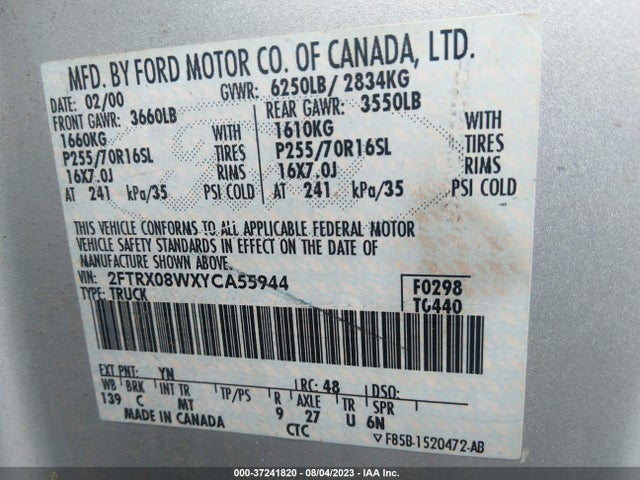 2000 FORD F-150 XL/XLT/LARIAT VIN: 2FTRX08WXYCA55944