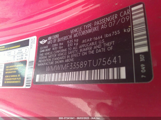 2009 MINI COOPER HARDTOP VIN: WMWMF33589TU75641