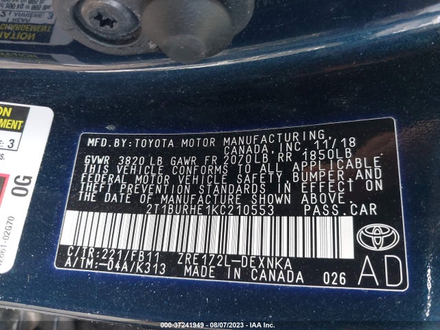 2019 TOYOTA COROLLA L/LE/SE/XLE/XSE VIN: 2T1BURHE1KC210553