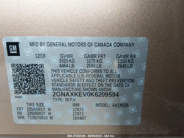 Chevrolet EQUINOX LT 2019 2GNAXKEV0K6209594 Image 9