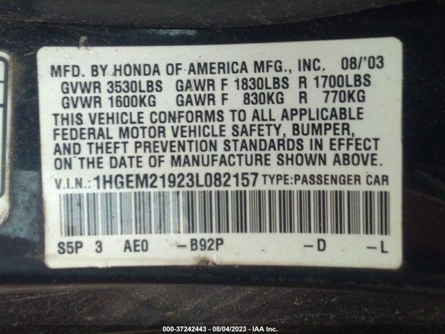 2003 HONDA CIVIC EX VIN: 1HGEM21923L082157