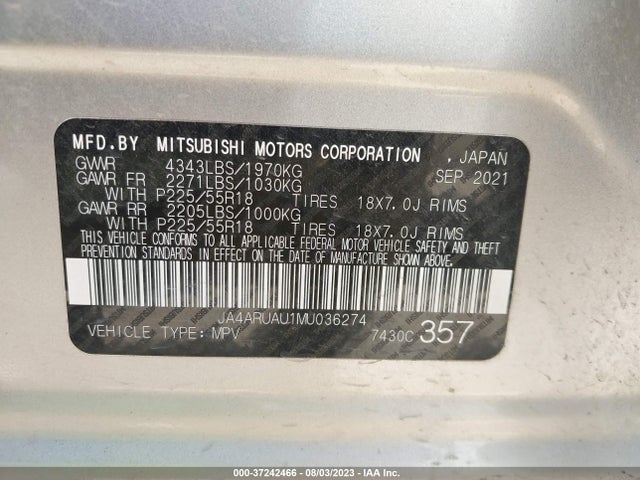 JA4ARUAU1MU036274 Mitsubishi Outlander Sport Es/se/le/be