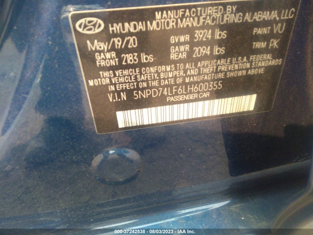 2020 HYUNDAI ELANTRA SE VIN: 5NPD74LF6LH600355