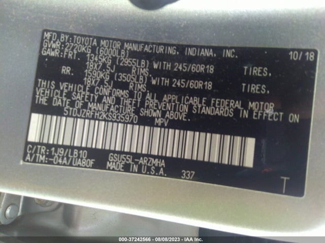 Toyota Highlander Xle 2019 5TDJZRFH2KS935970 Image 9