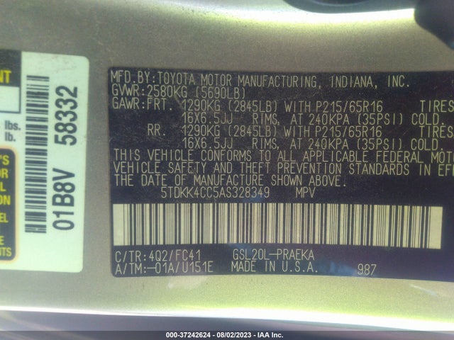 2010 TOYOTA SIENNA CE/LE VIN: 5TDKK4CC5AS328349