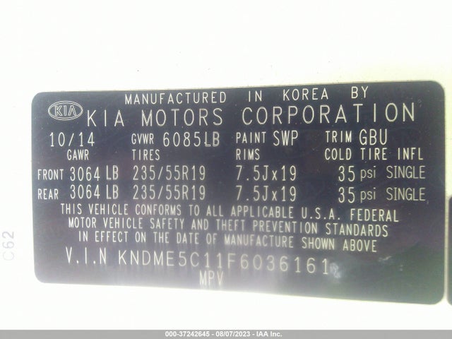 2015 KIA SEDONA SX-L VIN: KNDME5C11F6036161