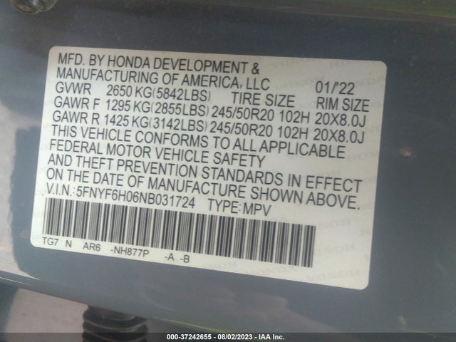Honda Pilot Awd Elite 2022 5FNYF6H06NB031724 Image 9