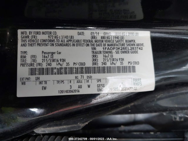 2014 FORD FOCUS SE VIN: 1FADP3K28EL283742