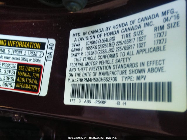 Honda CR-V EX 2016 2HKRM4H5XGH652706 Image 9