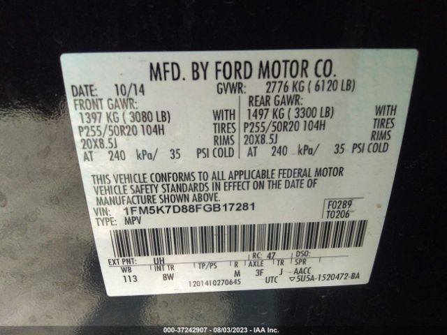 1FM5K7D88FGB17281 Ford EXPLORER XLT