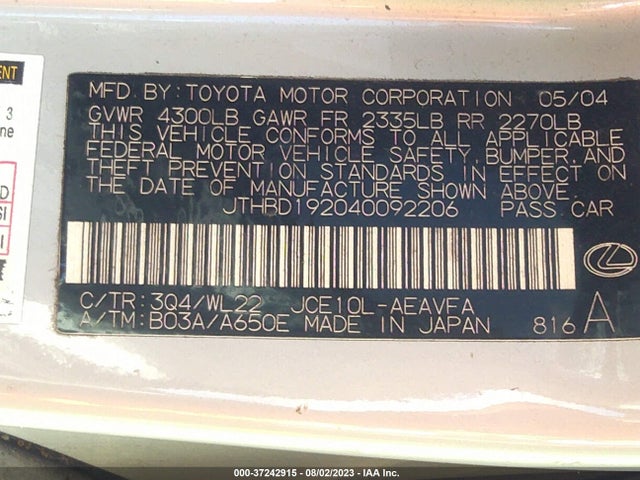 2004 LEXUS IS 300 VIN: JTHBD192040092206