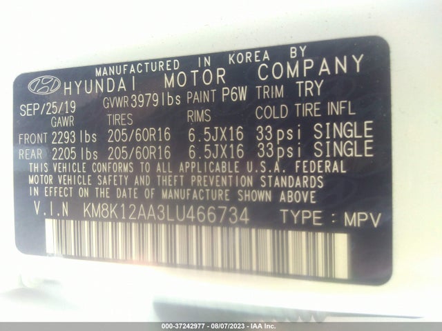 2020 HYUNDAI KONA SE VIN: KM8K12AA3LU466734