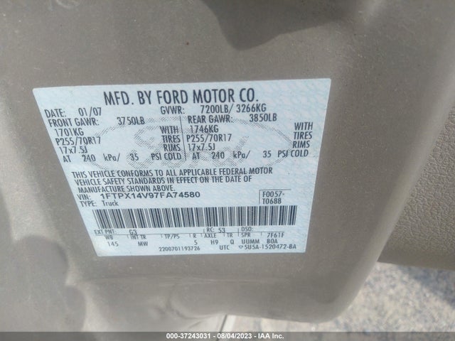 2007 FORD F-150 XLT/FX4/LARIAT/XL VIN: 1FTPX14V97FA74580