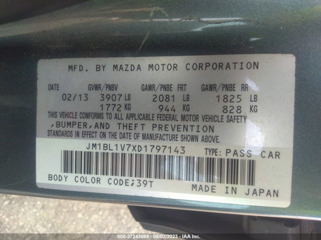 2013 MAZDA MAZDA3 I TOURING VIN: JM1BL1V7XD1797143