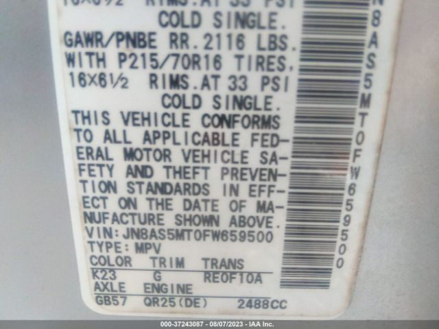 JN8AS5MT0FW659500 Nissan Rogue Select S
