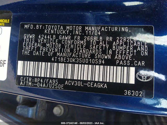 Продаж на аукціоні авто 2005 Toyota Camry Le/se/xle, vin: 4T1BE30K35U010594, номер лоту: 37243148