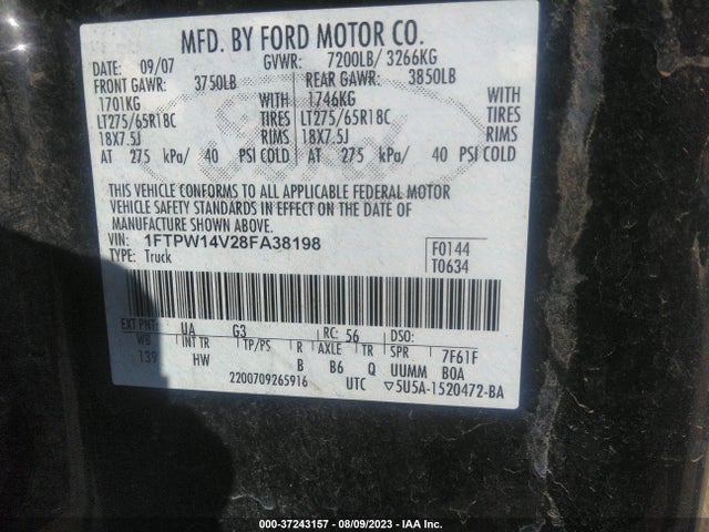 2008 FORD F-150 XLT/FX4/LARIAT VIN: 1FTPW14V28FA38198