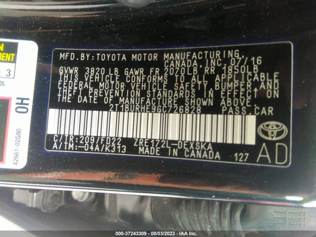 2016 TOYOTA COROLLA L/LE/S/S PLUS/LE PLUS VIN: 2T1BURHE9GC726828