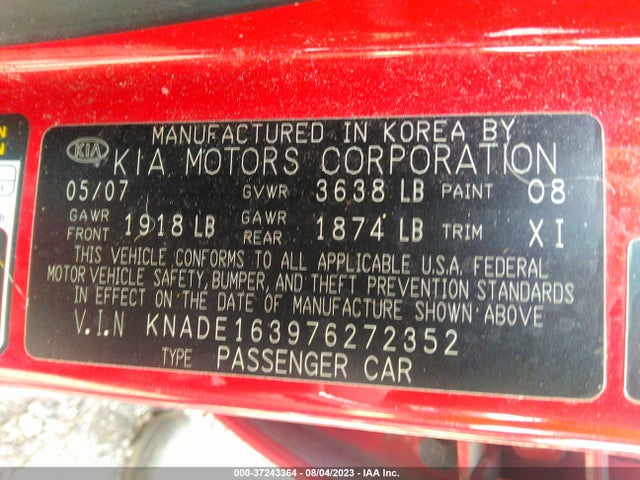 2007 KIA RIO5 SX VIN: KNADE163976272352