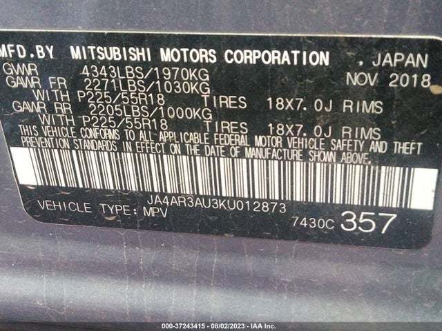 JA4AR3AU3KU012873 Mitsubishi Outlander Sport 2.0