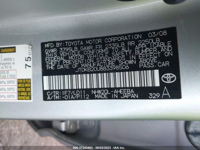 2008 TOYOTA PRIUS VIN: JTDKB20U883398506