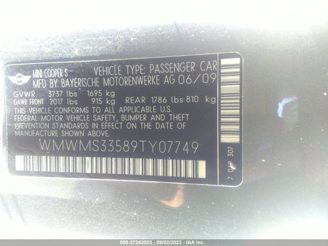 2009 MINI COOPER CONVERTIBLE S VIN: WMWMS33589TY07749