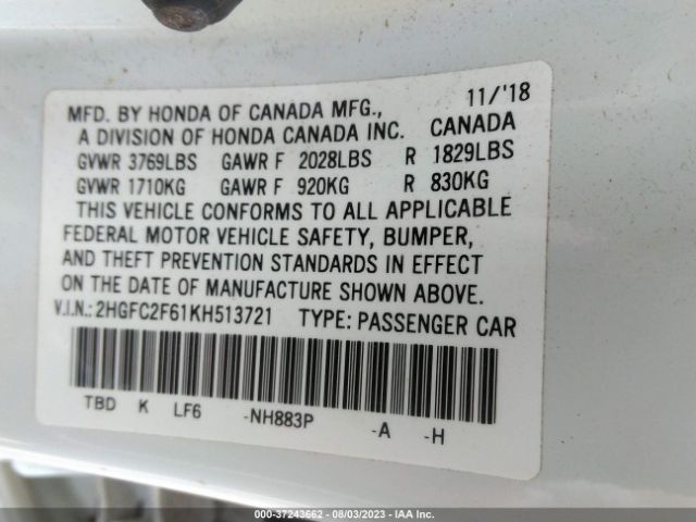 2HGFC2F61KH513721 Honda Civic Sedan Lx