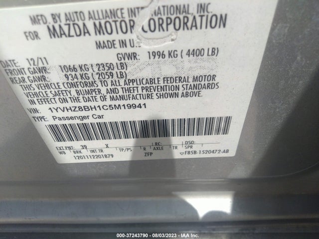 2012 MAZDA MAZDA6 I SPORT VIN: 1YVHZ8BH1C5M19941