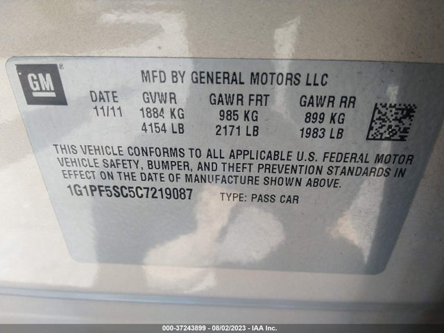 2012 CHEVROLET CRUZE LT W/1LT VIN: 1G1PF5SC5C7219087