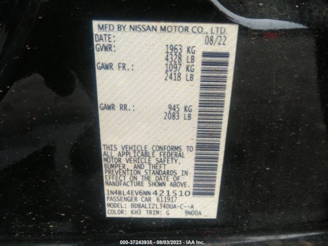1N4BL4EV6NN421510 Nissan Altima 2.5 Sl