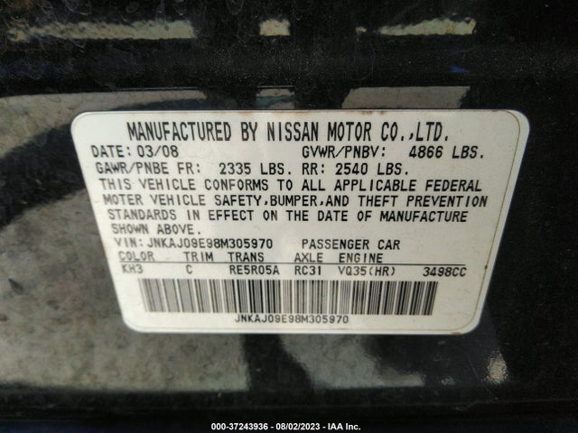 2008 INFINITI EX35 JOURNEY VIN: JNKAJ09E98M305970