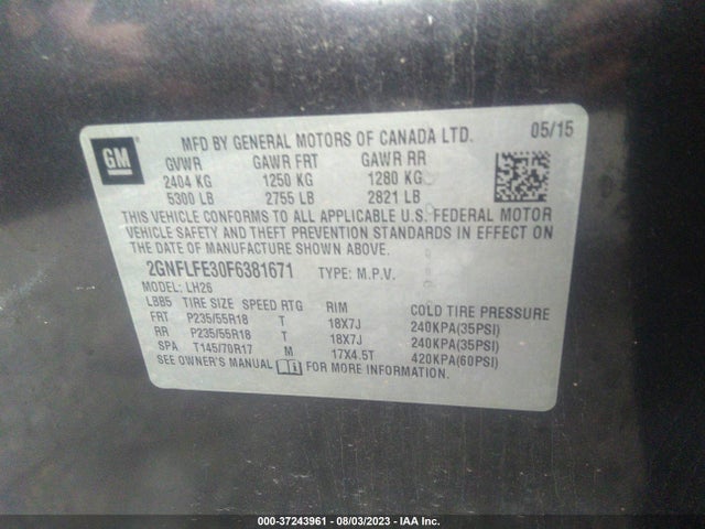2015 CHEVROLET EQUINOX LT VIN: 2GNFLFE30F6381671